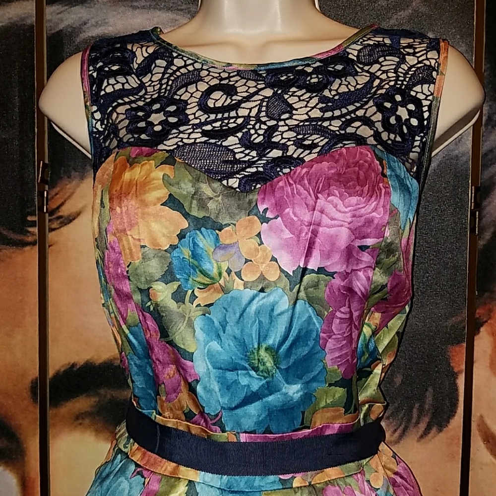 Tatyana Mirabelle Vintage Pinup Floral Dress w Dark Blue Purple Inlay Top Lace - Picture 3 of 8